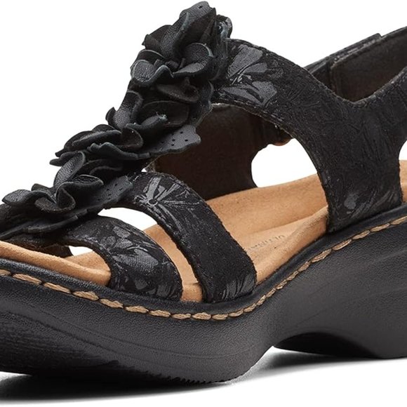 NWT Clarks Collection Women's Size 8 Med BLACK TEXTILE Floral Detail Sandals - Picture 5 of 12